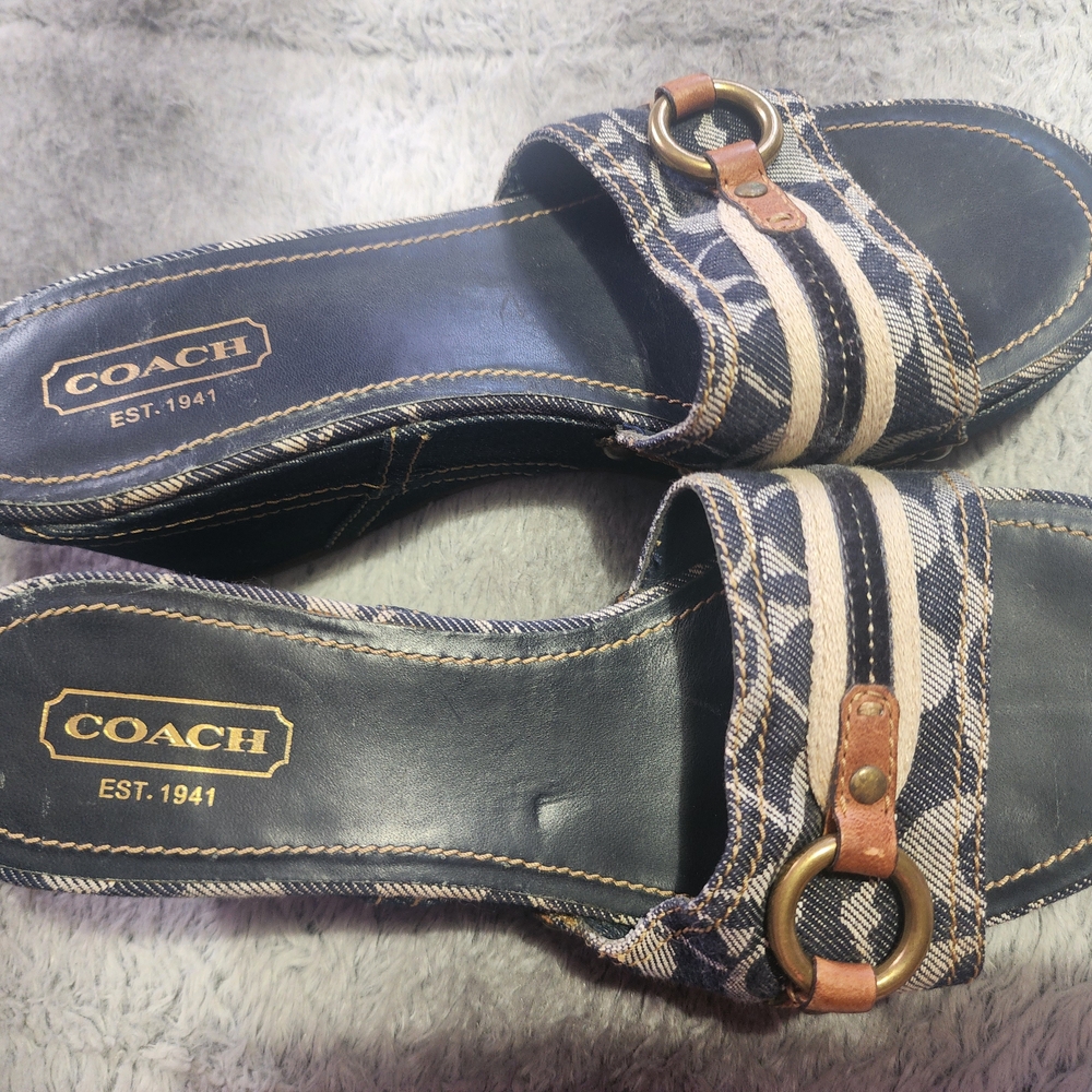 Coach Denim Slide Sandals with Leather Accents